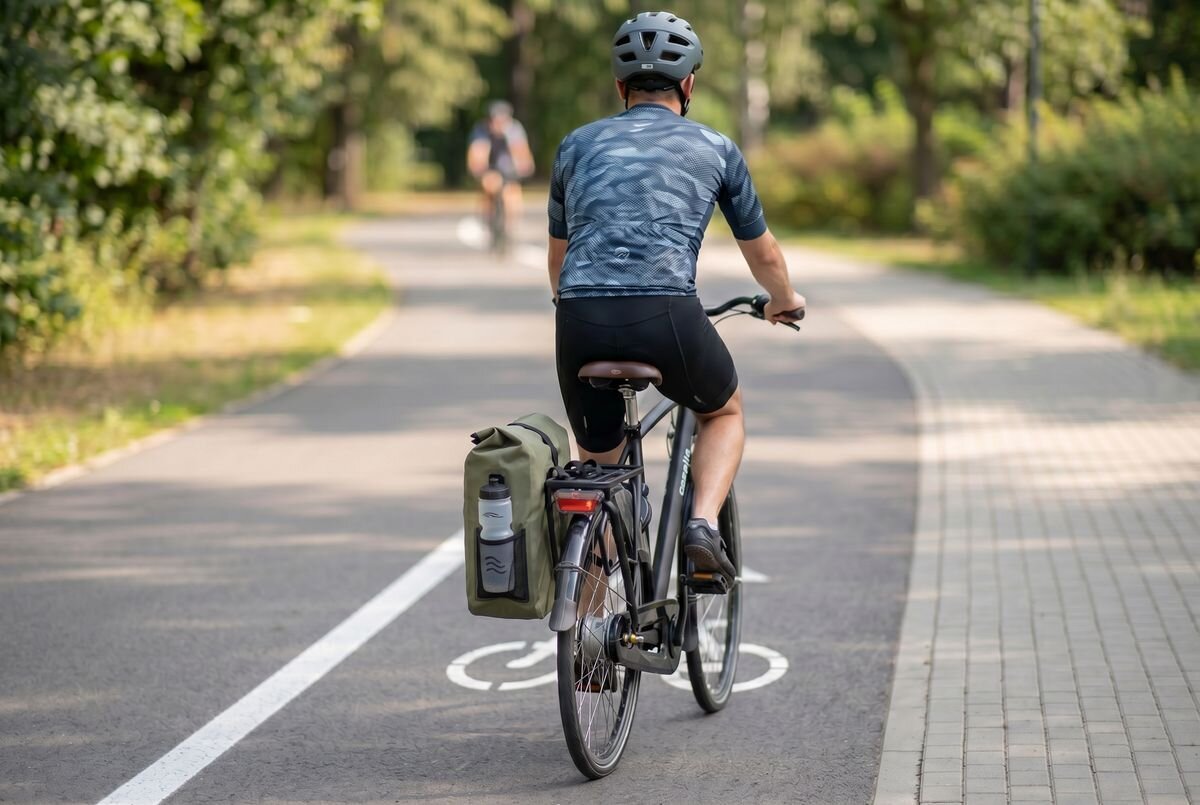 Osoba na rowerze jedzie ścieżką rowerową w parku, z sakwą przymocowaną do bagażnika. Na ścieżce widoczny jest symbol roweru.