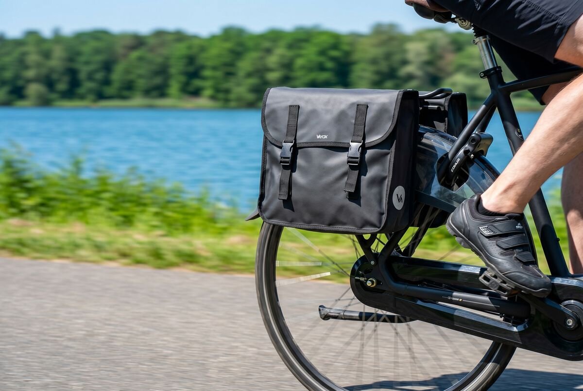 Sakwa rowerowa VAYOX VA0447, 29l, podwójna, pojemność, stabilność, Jazda rowerem z czarnymi sakwami brzegiem jeziora.