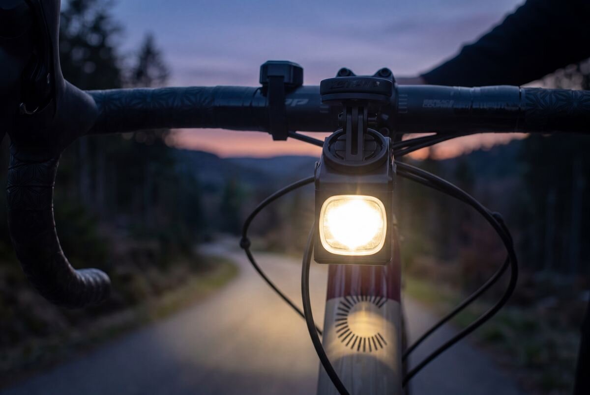 Lampka rowerowa VAYOX VAF1000P, bezpieczeństwo, droga, światło, jazda, Świecąca lampka zamontowana na kierownicy roweru.