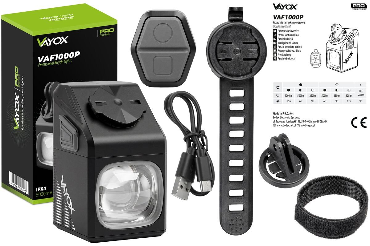 Lampka rowerowa VAYOX VAF1000P, zestaw, lampka, akcesoria, kabel, Zestaw oświetlenia rowerowego z akcesoriami.