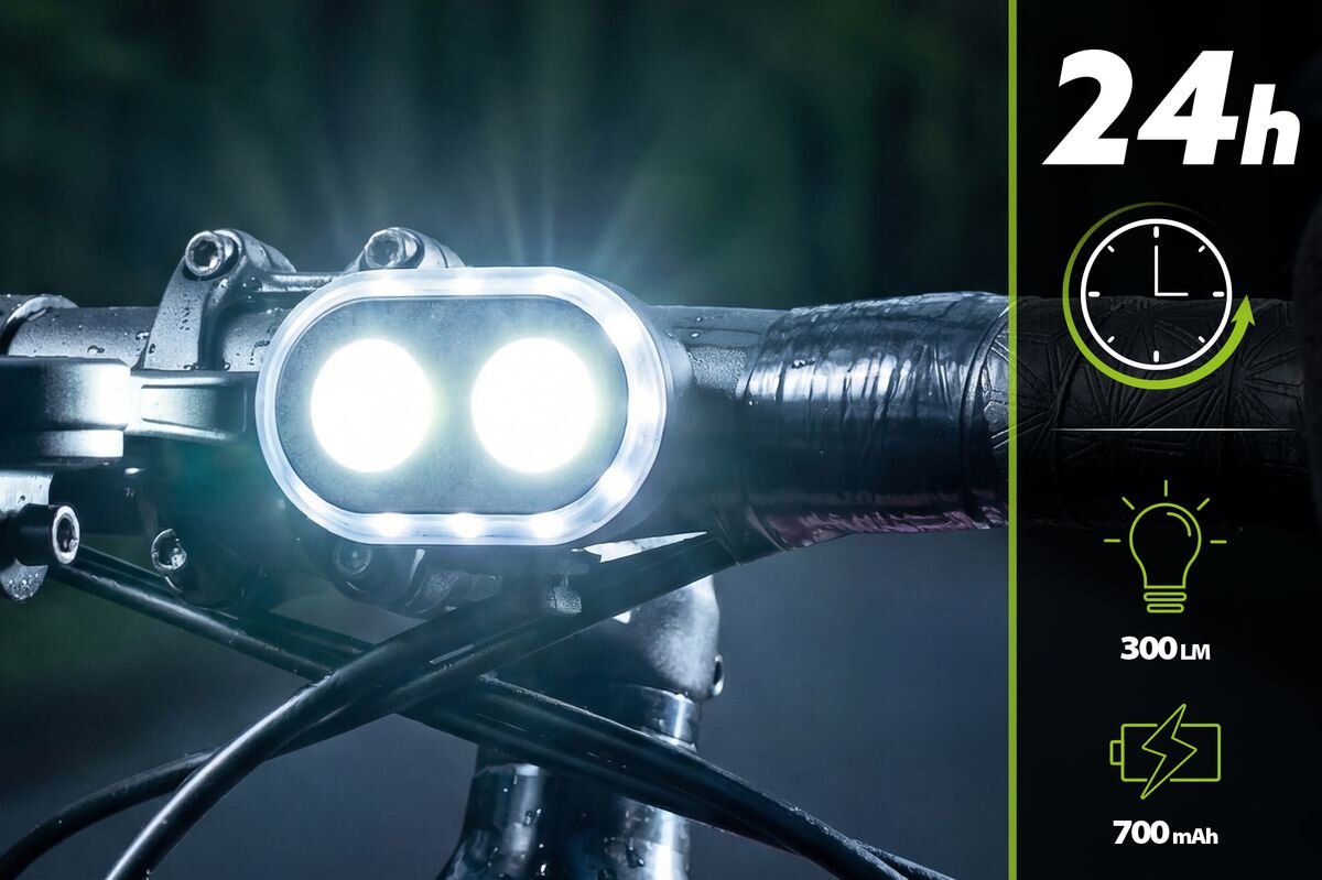 Na zdjęciu widoczna jest lampka rowerowa zamontowana na kierownicy, emitująca jasne światło. Obok znajdują się ikony z informacjami: \'24h\', zegar, \'300 LM\', \'700 mAh\'.