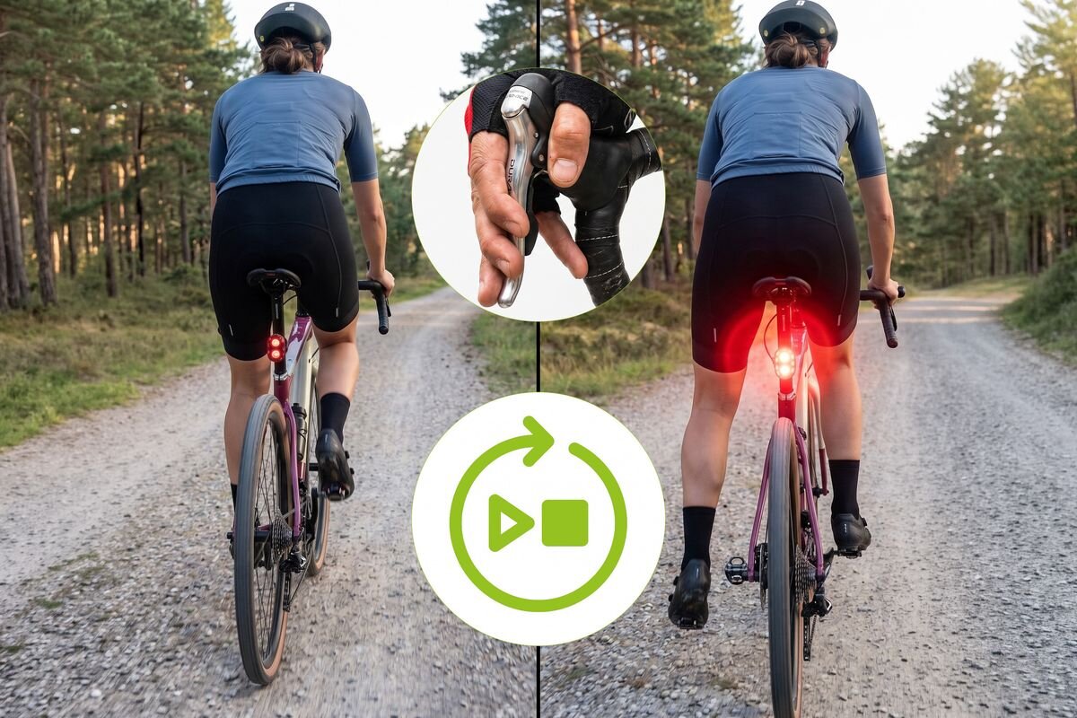 Dwie osoby jadące na rowerach po żwirowej drodze w lesie, z widocznymi czerwonymi lampkami rowerowymi z tyłu. Na obrazie znajduje się także okrągły symbol z ikoną odtwarzania i zatrzymania oraz zbliżenie dłoni na kierownicy roweru.
