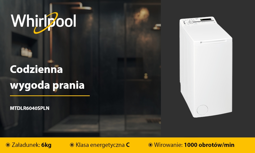 PRALKA WHIRLPOOL MTDLR 6040S PL/N Grafika promocyjna prezentuje model pralki wraz z jego głównymi parametrami, takimi jak ładowność, klasa energetyczna i prędkość wirowania. Obok umieszczono logo producenta szybkie pranie kompaktowa energooszczędna funkcjonalna