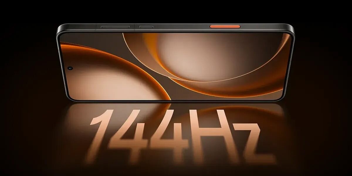 Obraz przedstawia smartfon z wyświetlaczem pokazującym abstrakcyjne wzory w odcieniach brązu. Na dole widoczny jest napis \'144Hz\'.