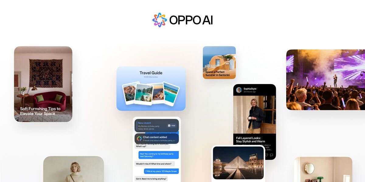Obraz przedstawia różne ekrany aplikacji z logo \'OPPO AI\' na górze. Widoczne są zdjęcia wnętrz, krajobrazów oraz interfejsy czatu i przewodnika podróży.
