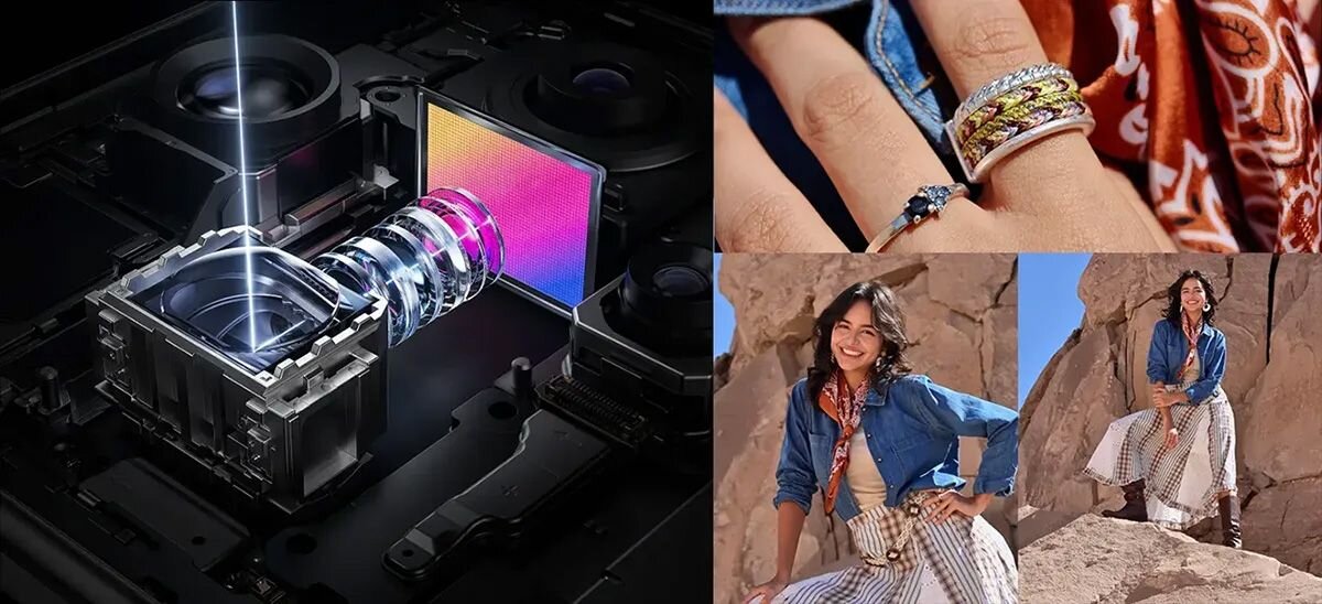 Po lewej stronie widoczny jest mechanizm aparatu fotograficznego z soczewkami i kolorowym sensorem. Po prawej stronie znajdują się trzy zdjęcia przedstawiające osobę w plenerze oraz biżuterię na dłoni.