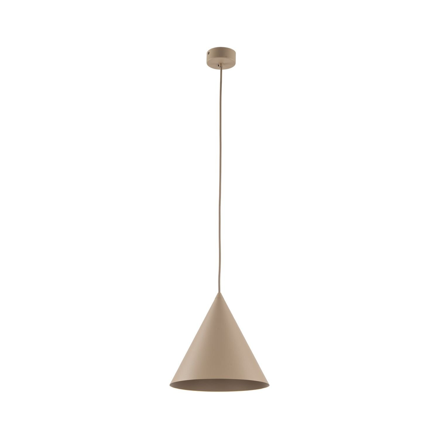 Beżowa lampa wisząca o stożkowym kształcie z długim przewodem i okrągłą podsufitką. Lampa jest prosta i nowoczesna, idealna do salonu lub kuchni.