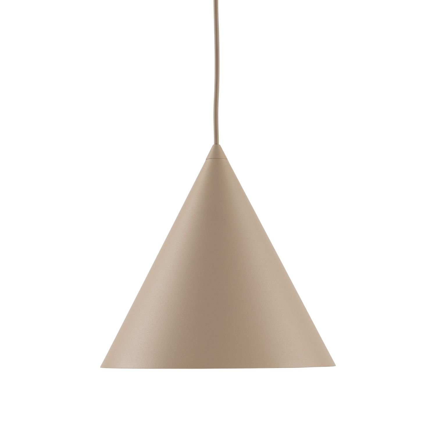 Beżowa lampa wisząca o stożkowym kształcie z przewodem u góry. Powierzchnia lampy jest gładka i jednolita.