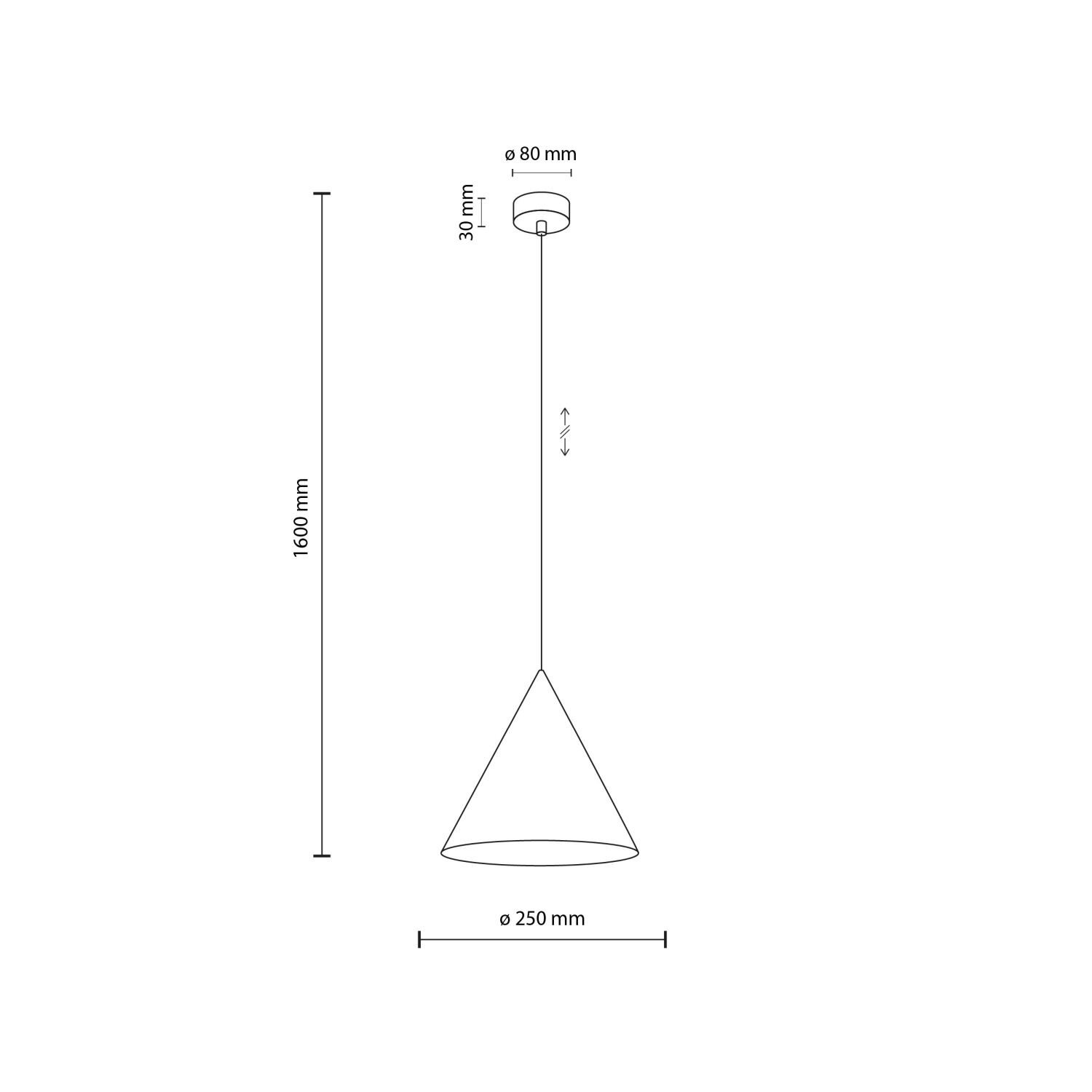 Schematyczny rysunek lampy wiszącej w kształcie stożka z wymiarami: wysokość 1600 mm, średnica klosza 250 mm, średnica mocowania 80 mm, wysokość mocowania 30 mm. Lampa jest regulowana i przeznaczona do montażu na suficie.
