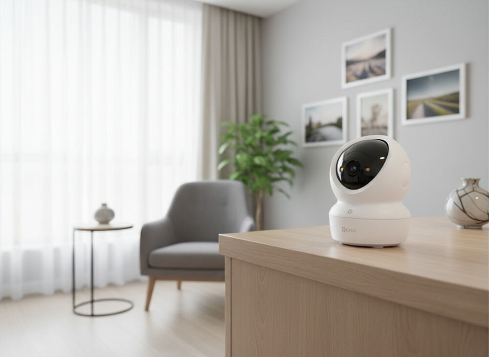 Kamera EZVIZ H6c G1 3K Wewnętrzna, Wi-Fi / LAN, Kamera obrotowa, podgląd, 3K, aplikacja, powiadomienia, Biała kamera na biurku w jasnym salonie.