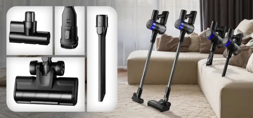 Obraz przedstawia odkurzacz pionowy z różnymi końcówkami, ustawiony w salonie na tle kanapy. Widać cztery różne końcówki oraz dwa odkurzacze stojące obok siebie.