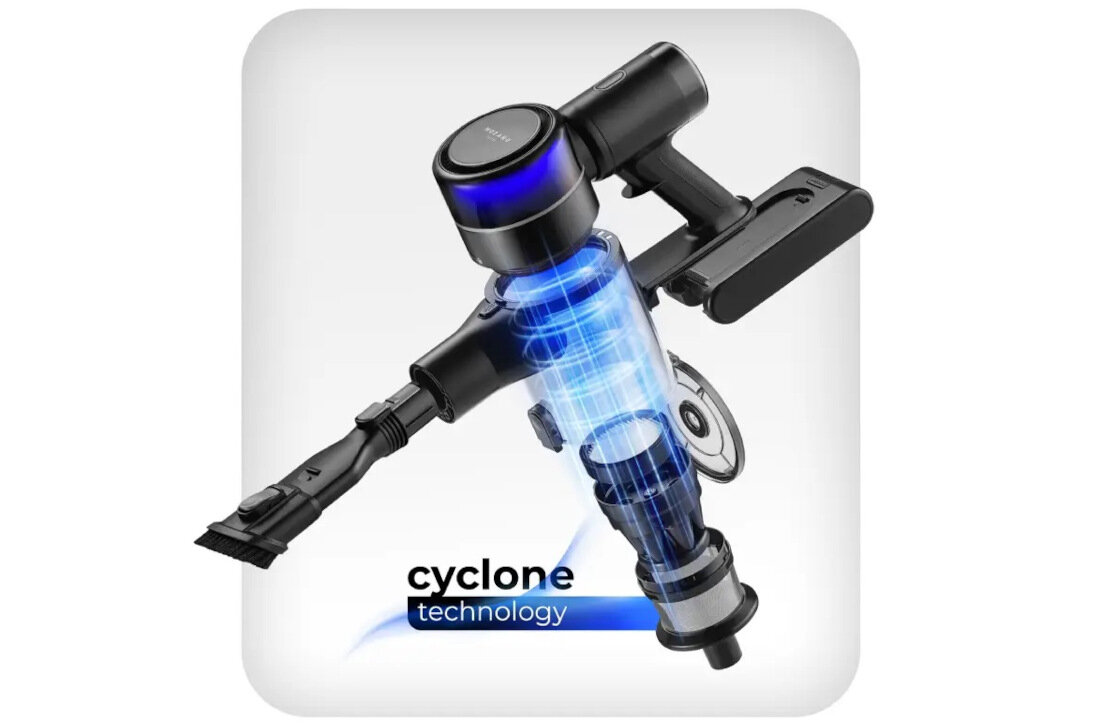 Obraz przedstawia odkurzacz z widoczną technologią cyklonową, z efektem wizualnym niebieskiego wiru wewnątrz przezroczystej części. Na dole znajduje się napis \'cyclone technology\'.