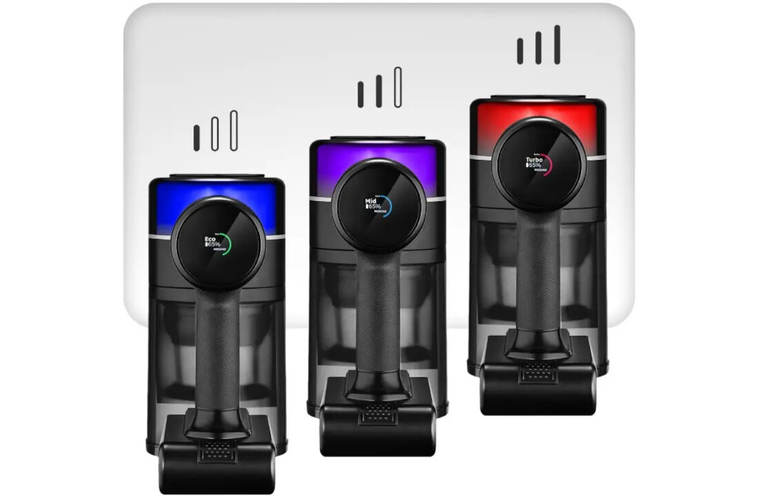 Trzy odkurzacze MOZANO Handy Pro w kolorach niebieskim, fioletowym i czerwonym, ustawione obok siebie. Na każdym z nich widoczny jest napis: \'Eco Brush\', \'Mini Brush\' i \'Turbo Brush\'.