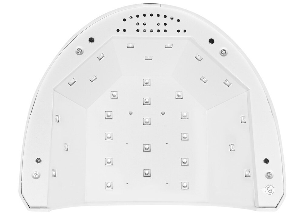 Biała lampa UV/LED do paznokci z wieloma diodami LED rozmieszczonymi na wewnętrznej powierzchni. Widoczne są otwory wentylacyjne oraz przycisk z symbolem \'6\'.