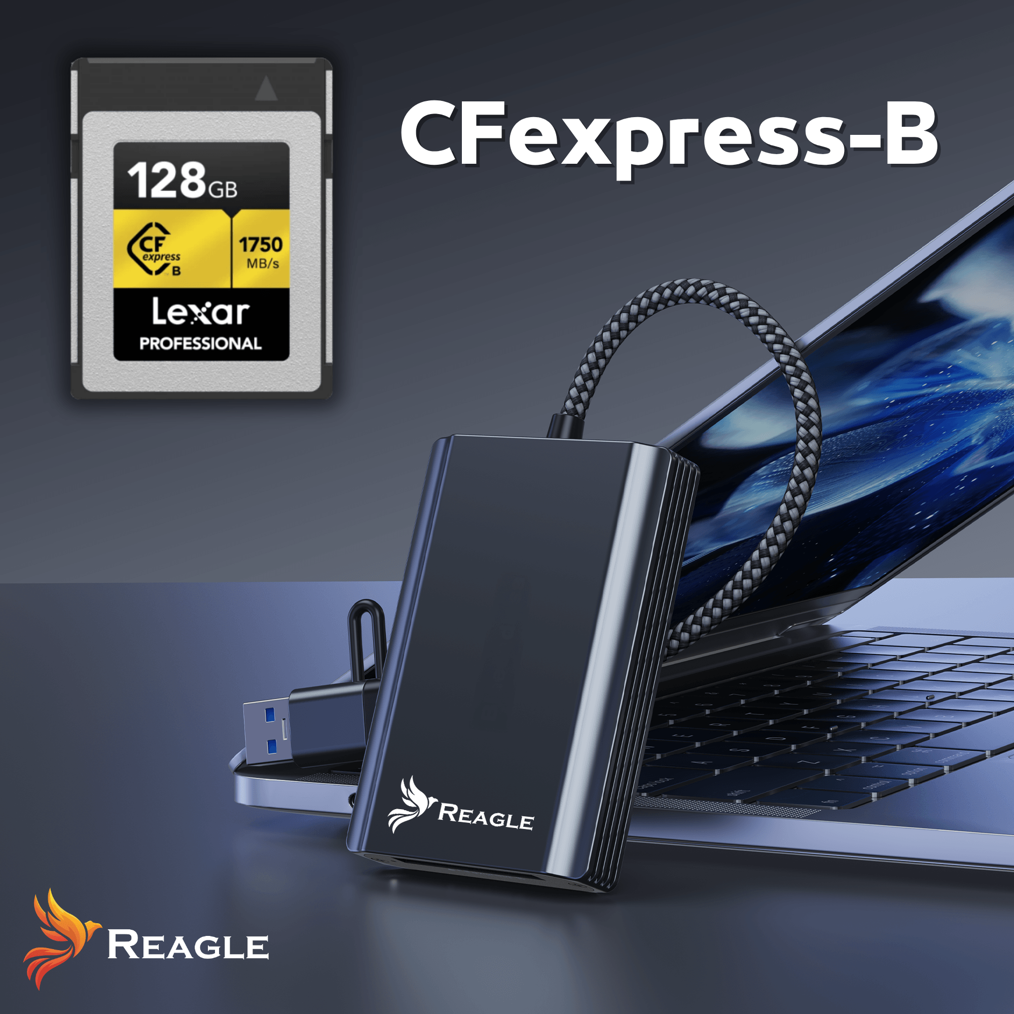 Na obrazie widoczny jest czytnik kart pamięci z logo Reagle, podłączony do laptopa. Obok znajduje się karta pamięci z napisem \'128GB CFexpress B 1750 MB/s Lexar Professional\'.