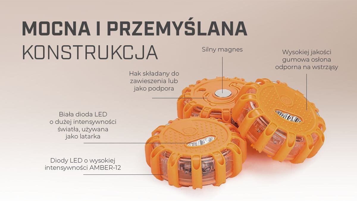 Flara drogowa ostrzegawcza EXTRALINK Smartlife Sygnalizator Drogowy LED USB-C, latarka, haczyk, diody, sygnalizator, Schemat budowy lampy: magnes, hak, latarka i 12 diod AMBER.