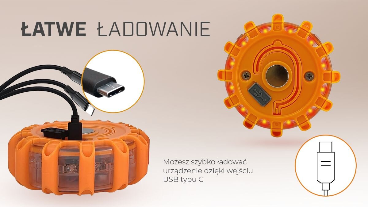 Flara drogowa ostrzegawcza EXTRALINK Smartlife Sygnalizator Drogowy LED USB-C, obsługa, USB-C, ładowanie, wygoda, Ładowanie lampy ostrzegawczej za pomocą kabla USB typu C.
