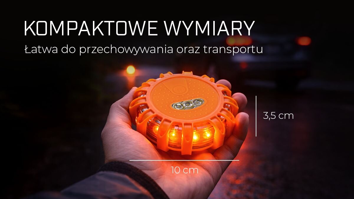 Flara drogowa ostrzegawcza EXTRALINK Smartlife Sygnalizator Drogowy LED USB-C, rozmiar, waga, schowek, mobilność, Mała lampa ostrzegawcza o wymiarach 10x3,5 cm trzymana w dłoni.