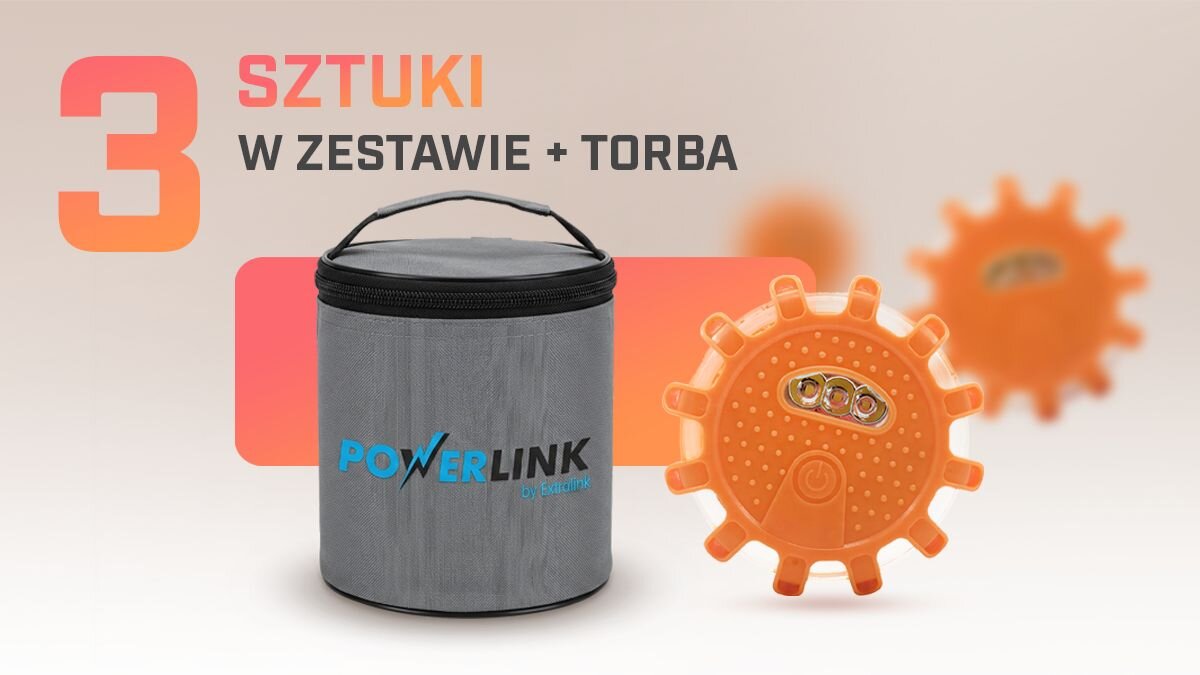 Flara drogowa ostrzegawcza EXTRALINK Smartlife Sygnalizator Drogowy LED + Torba, ostrzeżenie, wypadek, awaria, widoczność, Zestaw 3 sztuk flar drogowych z torbą w komplecie.