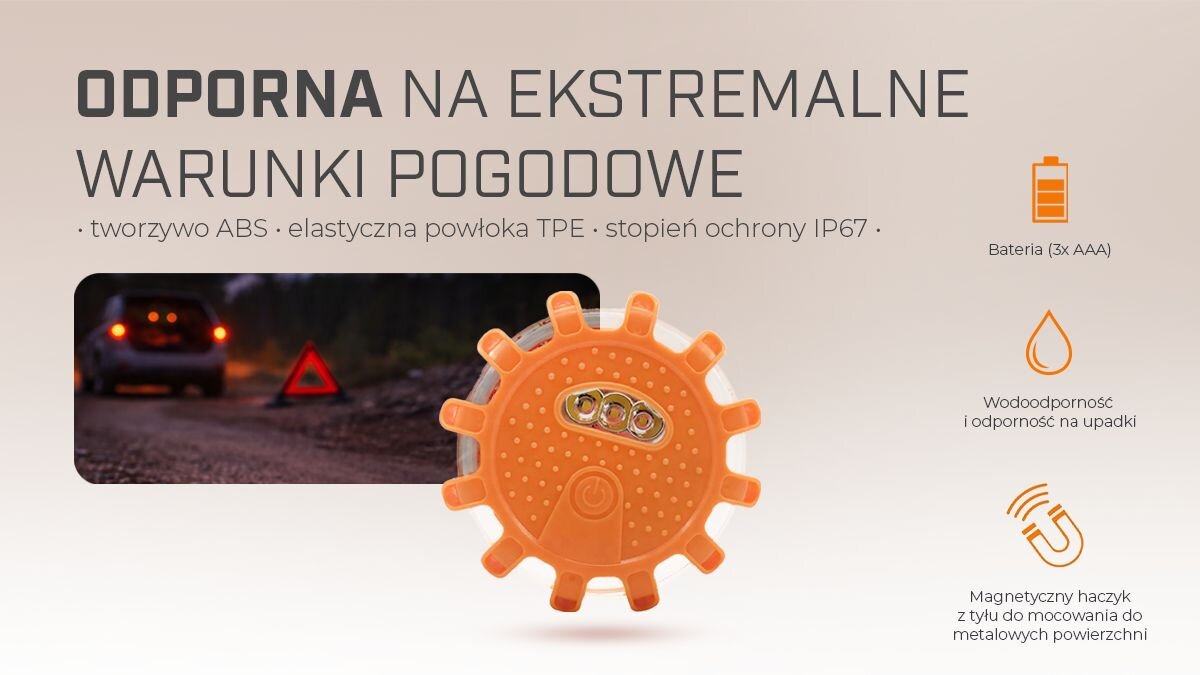Flara drogowa ostrzegawcza EXTRALINK Smartlife Sygnalizator Drogowy LED + Torba, ABS, TPE, IP67, wodoodporność, Flara odporna na trudne warunki pogodowe i upadki.