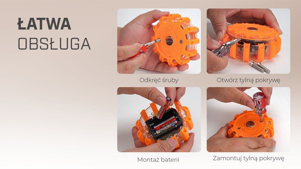 Flara drogowa ostrzegawcza EXTRALINK Smartlife Sygnalizator Drogowy LED + Torba, obsługa, baterie, wymiana, szczelność, Instrukcja montażu baterii w flarze drogowej krok po kroku.