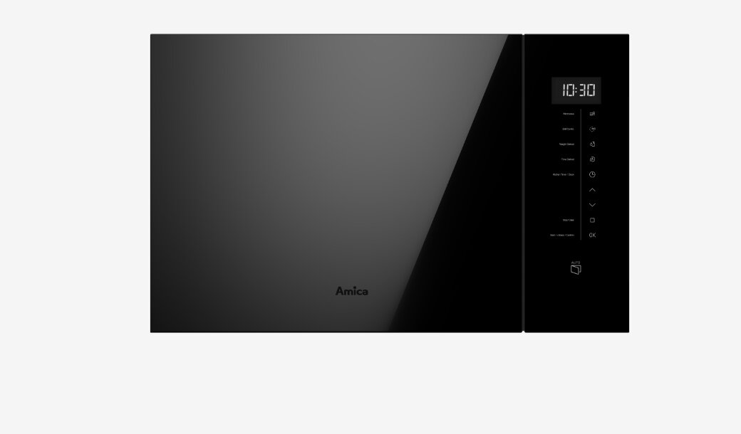 Czarna kuchenka mikrofalowa z panelem dotykowym i wyświetlaczem pokazującym godzinę 10:30. Na drzwiach widoczne jest logo \'Amica\'.