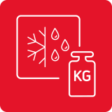 Czerwona ikona z białymi symbolami przedstawiającymi płatek śniegu, krople wody oraz wagę z napisem \'KG\'.