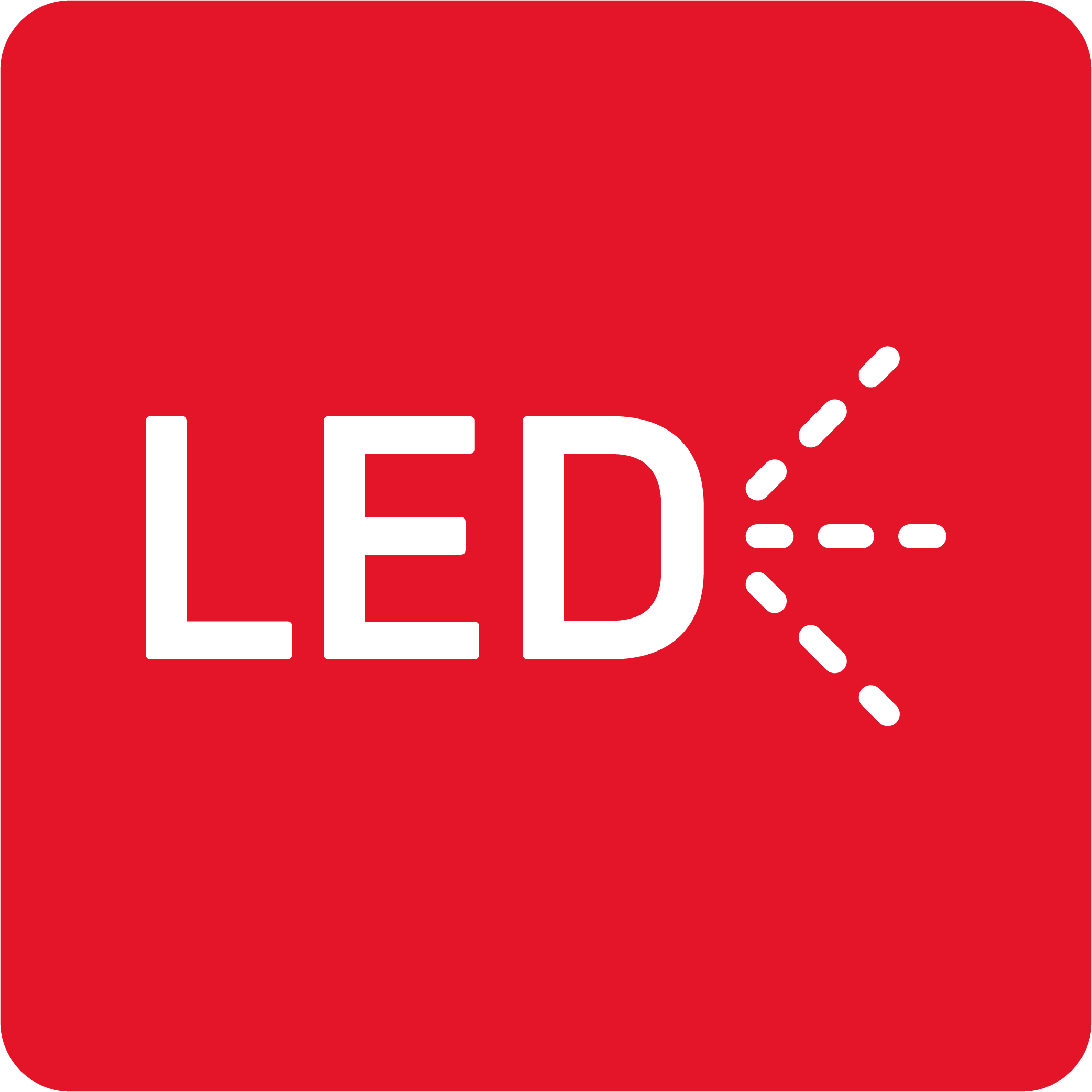 Czerwony kwadrat z białym napisem \'LED\' oraz symbolem strzałki złożonej z przerywanych linii.