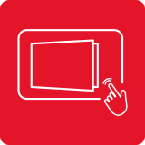Czerwony kwadrat z białym konturem kuchenki mikrofalowej i ikoną dłoni wskazującej na przycisk.