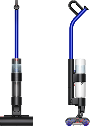 Na obrazie widoczny jest elektryczny mop z niebieską rączką i przezroczystym pojemnikiem na wodę. Urządzenie ma czarną podstawę z rolkami czyszczącymi.
