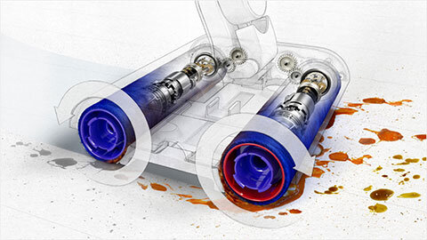 Obraz przedstawia schemat działania elektrycznego mopa z dwoma obrotowymi wałkami, które zbierają rozlane płyny i zabrudzenia z podłogi. Widoczne są strzałki wskazujące kierunek obrotu wałków.