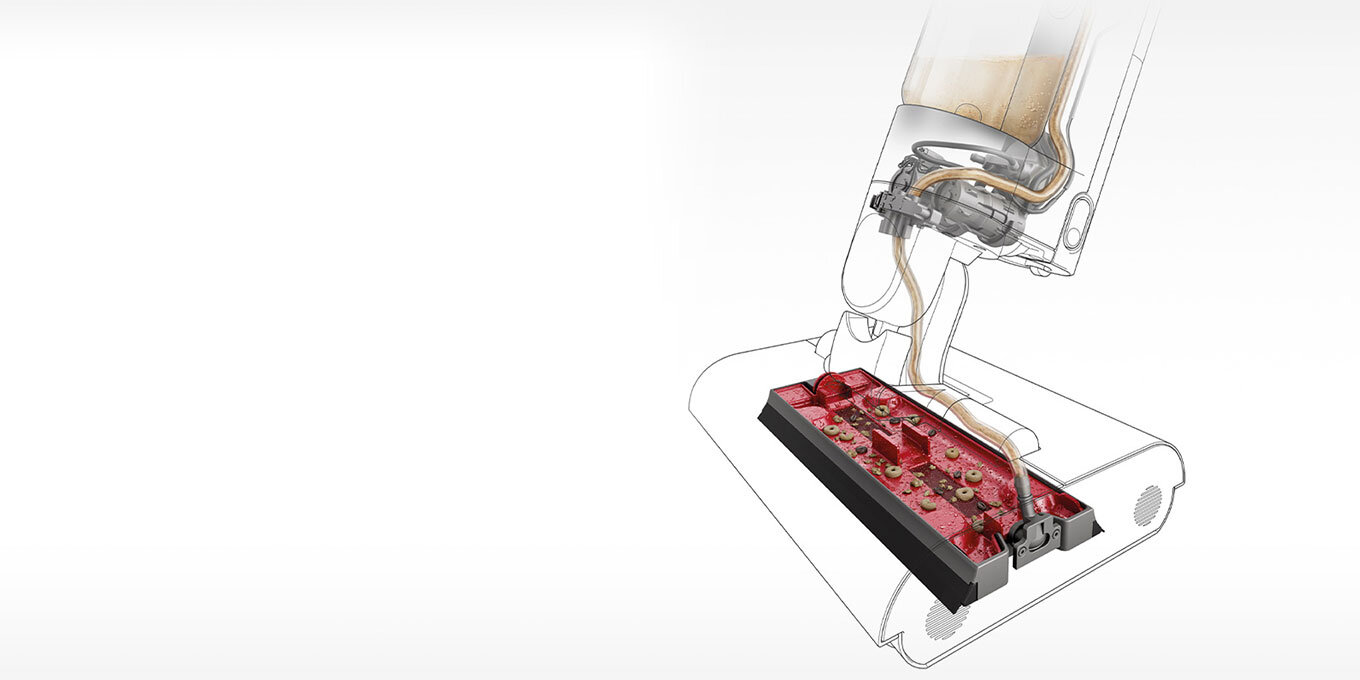 Schematyczny rysunek przedstawiający wnętrze urządzenia z widocznymi elementami mechanicznymi i przewodami. Urządzenie ma czerwone elementy i jest umieszczone na białym tle.