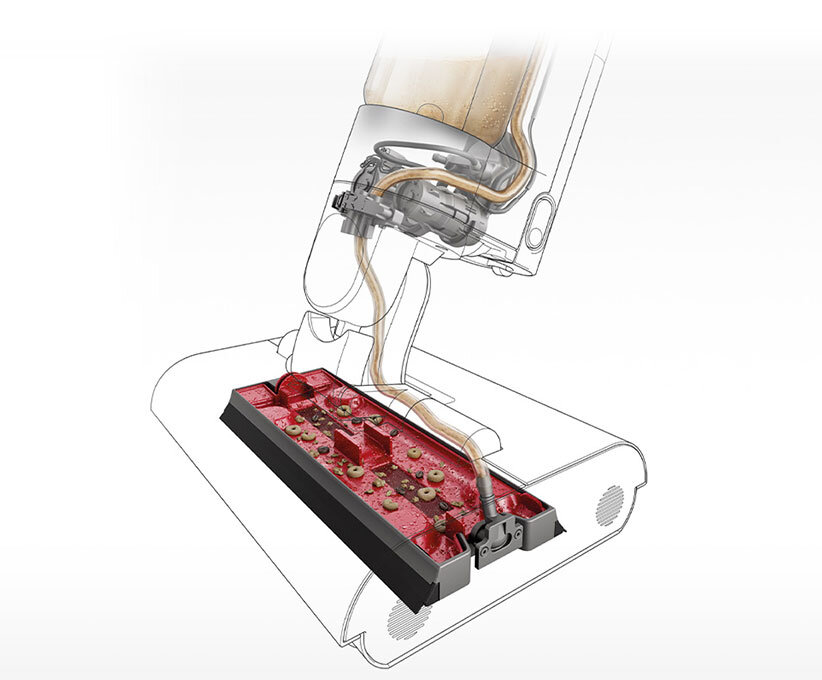 Ilustracja przedstawia schemat wewnętrzny mopa elektrycznego z widocznymi elementami mechanicznymi i przewodami. Części są oznaczone kolorami, a obudowa jest przezroczysta, ukazując wnętrze urządzenia.
