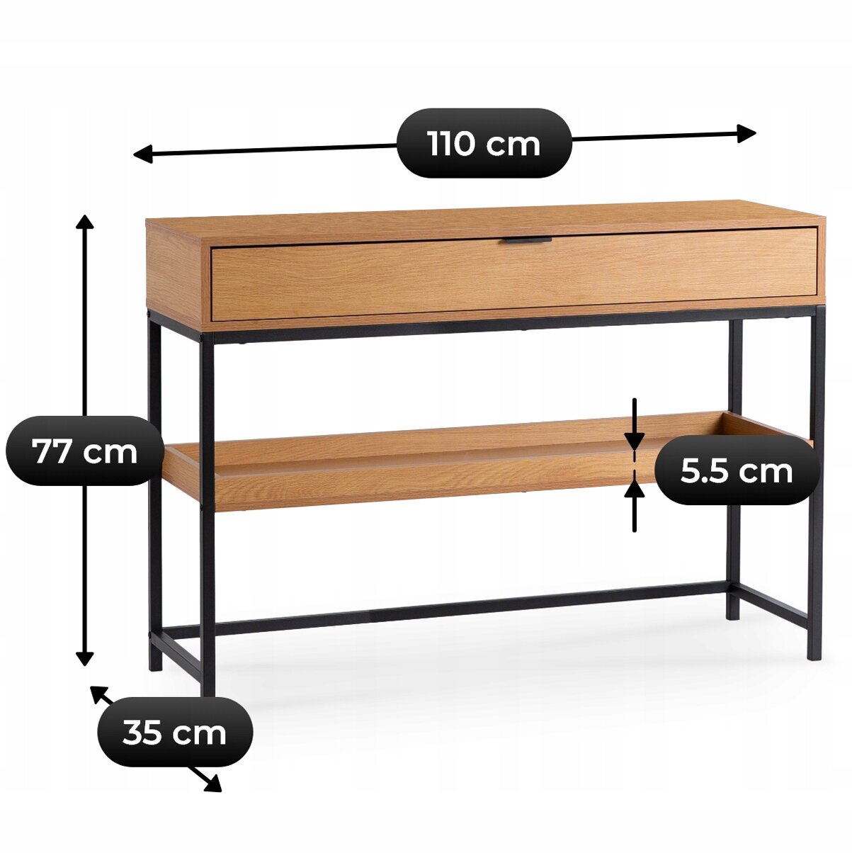 Na obrazie widoczna jest konsola do przedpokoju z półką, wykonana z drewna w kolorze dębu, z czarną metalową ramą. Wymiary to 110 cm szerokości, 77 cm wysokości, 35 cm głębokości, a wysokość półki wynosi 5.5 cm.