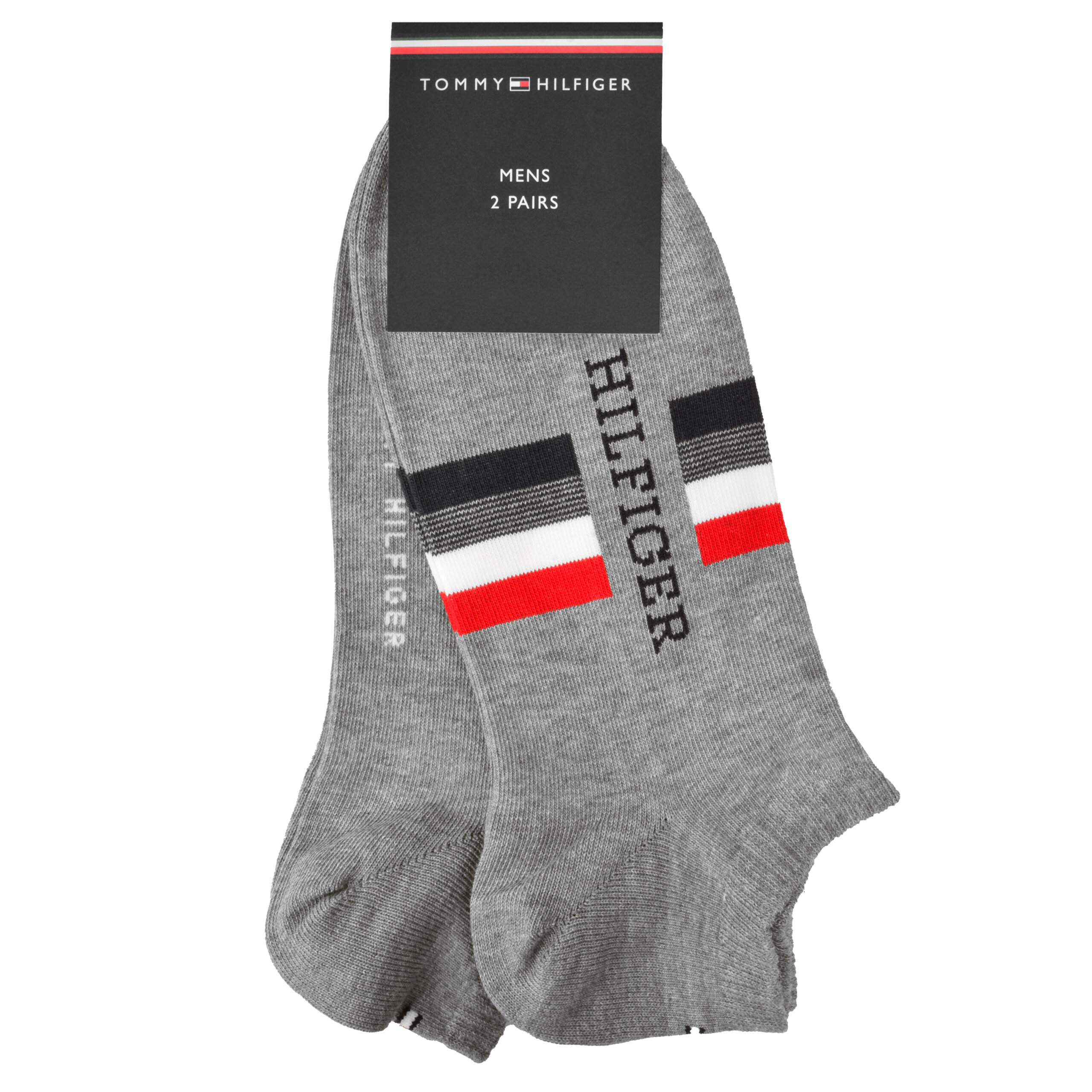 Szare skarpety z logo \'HILFIGER\' oraz paskami w kolorach czarnym, białym i czerwonym. Opakowanie zawiera napis \'TOMMY HILFIGER MENS 2 PAIRS\'.