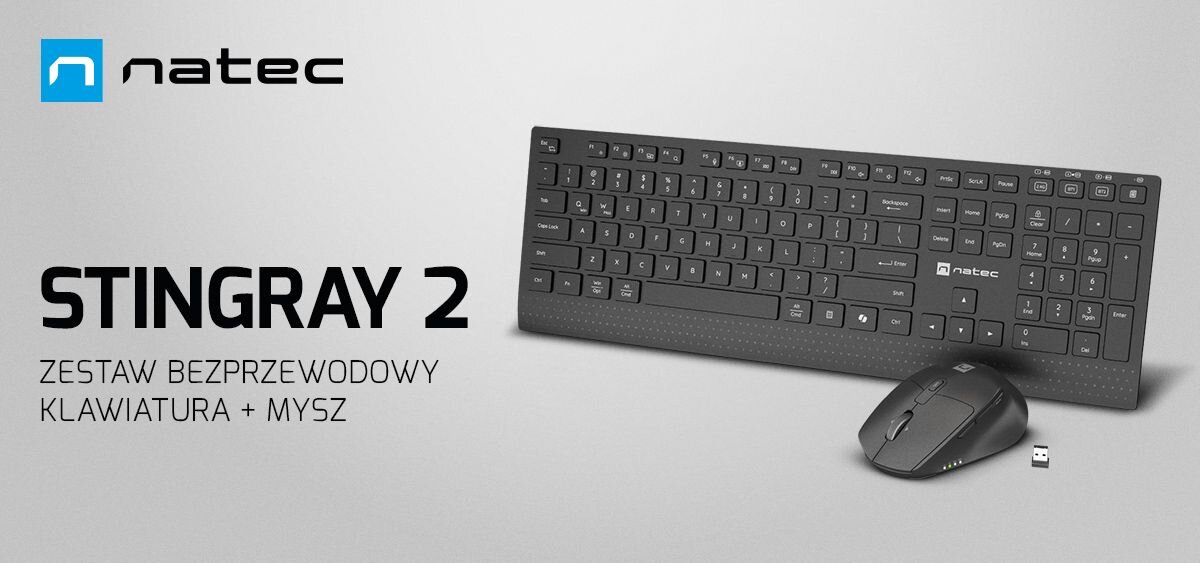 Obraz przedstawia zestaw bezprzewodowy klawiatura i mysz marki natec, model Stingray 2. Widoczny jest napis: \'ZESTAW BEZPRZEWODOWY KLAWIATURA + MYSZ\'.