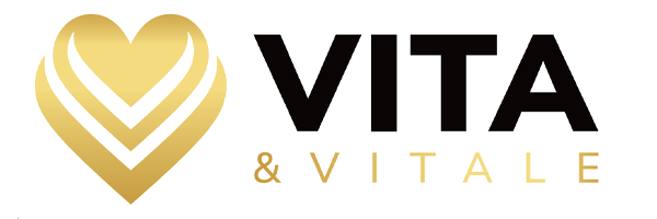 Logo składa się z serca w odcieniach złota oraz napisu \'VITA & VITALE\' w czarnym kolorze.