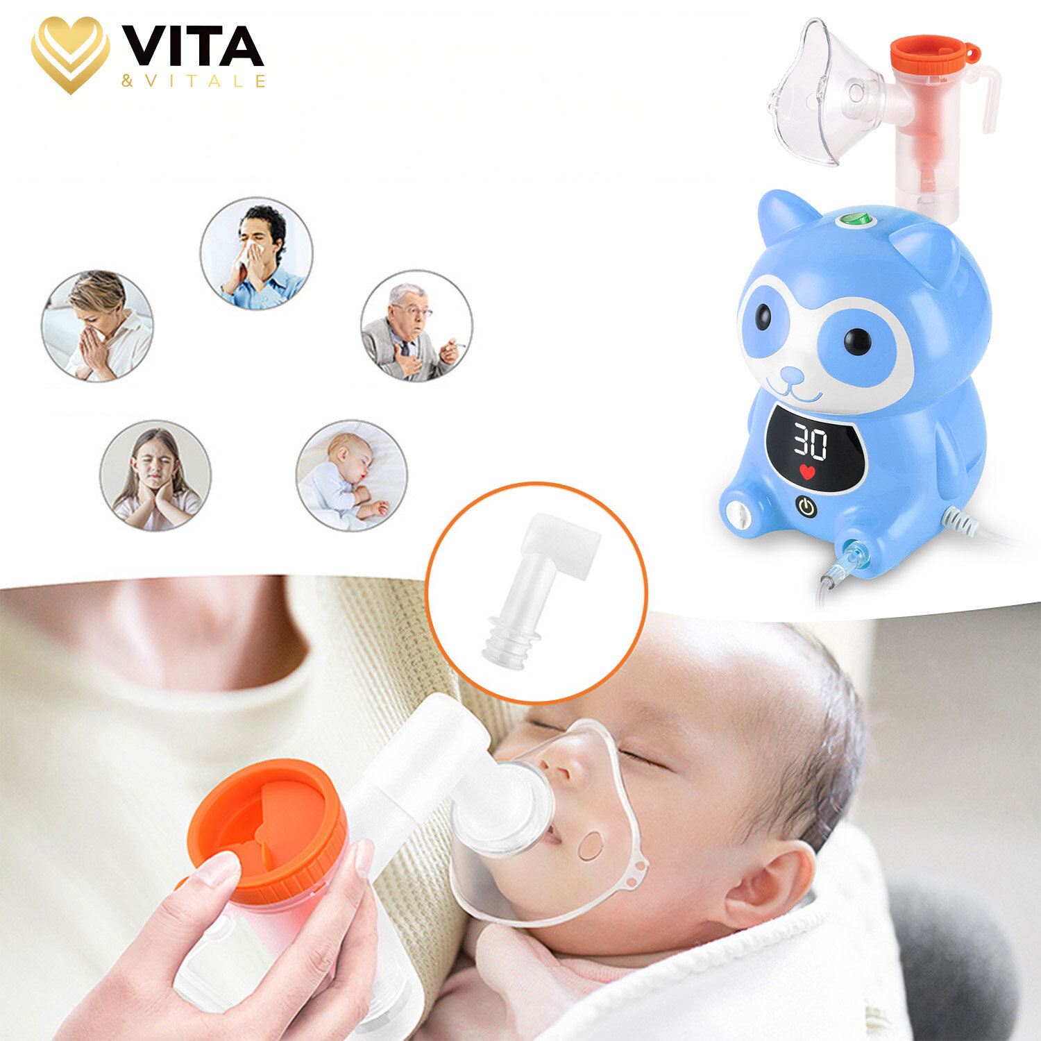 Na obrazie widoczny jest niebieski inhalator w kształcie zwierzątka z wyświetlaczem pokazującym liczbę 30. W tle znajduje się logo \'VITA & VITALE\' oraz zdjęcie dziecka używającego inhalatora.