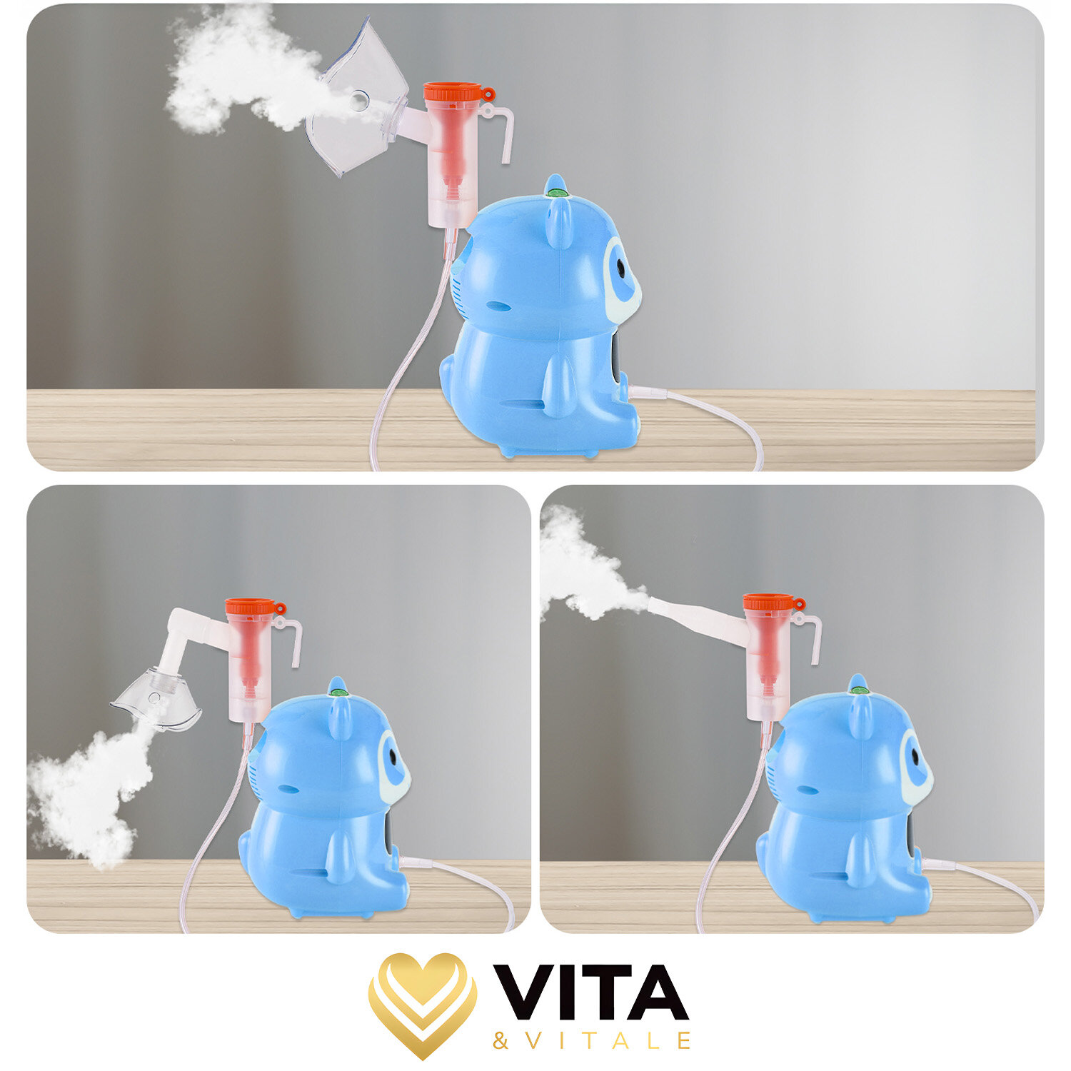 Na obrazie widoczny jest niebieski inhalator w kształcie zwierzątka, z którego wydobywa się para. Na dole znajduje się logo \'VITA & VITALE\'.