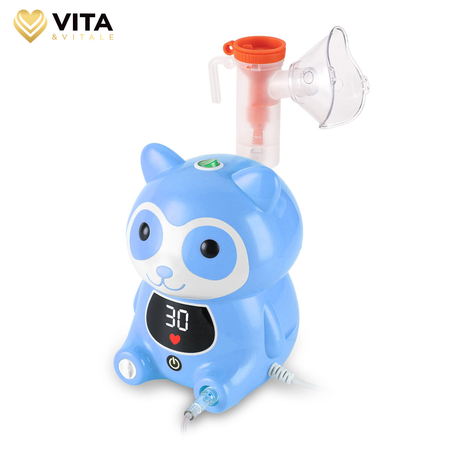 Inhalator dla dzieci w kształcie niebieskiego zwierzątka z wyświetlaczem pokazującym liczbę 30 i symbolem serca. Logo \'VITA & VITALE\' znajduje się w rogu obrazu.