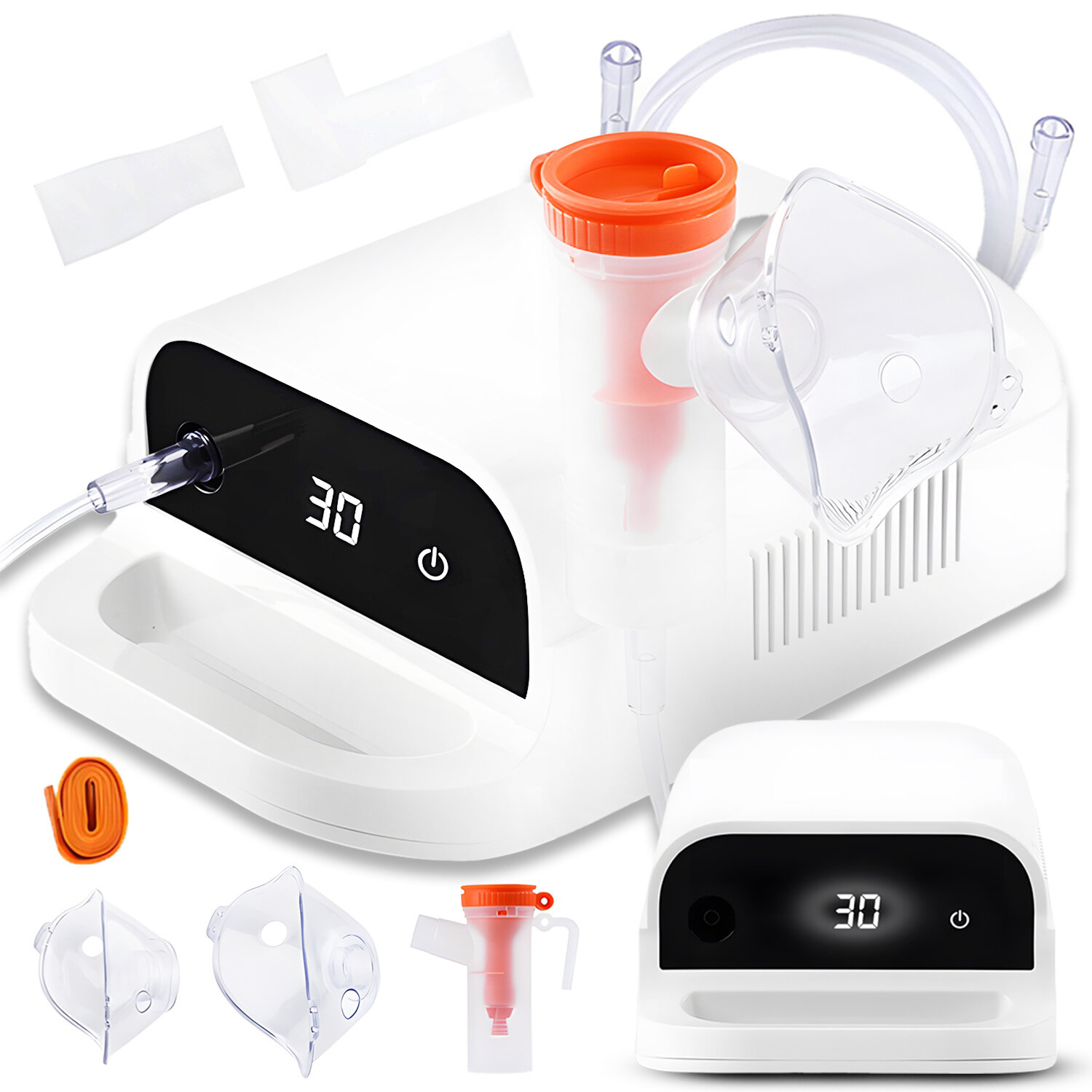 Na obrazie widoczny jest inhalator z wyświetlaczem pokazującym liczbę 30 oraz przyciskiem zasilania. Obok znajdują się akcesoria, takie jak maski, pojemnik z pomarańczową pokrywką i rurki.