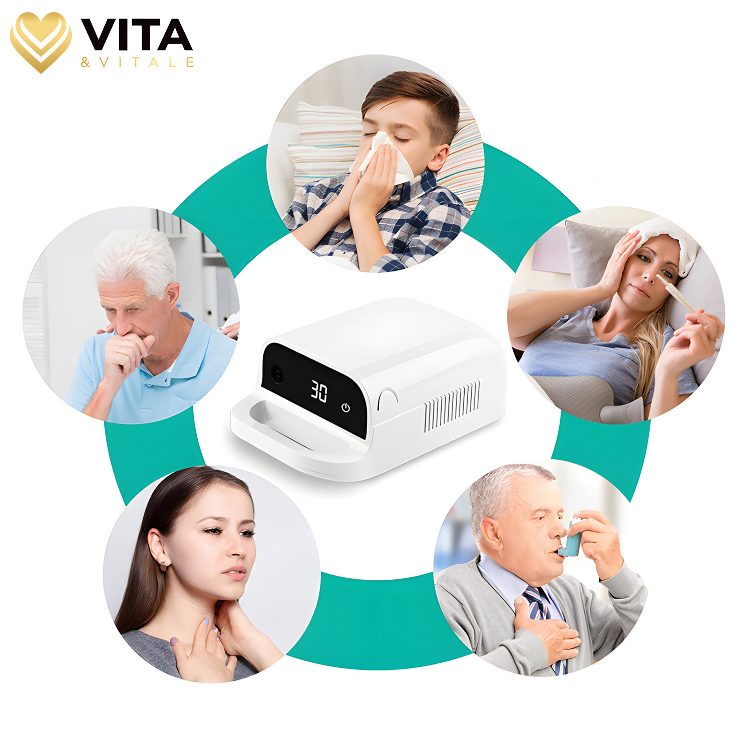Na obrazie widoczny jest biały inhalator z wyświetlaczem pokazującym liczbę 30, otoczony zdjęciami osób używających inhalatora lub z objawami choroby. W lewym górnym rogu znajduje się logo \'VITA & VITALE\'.