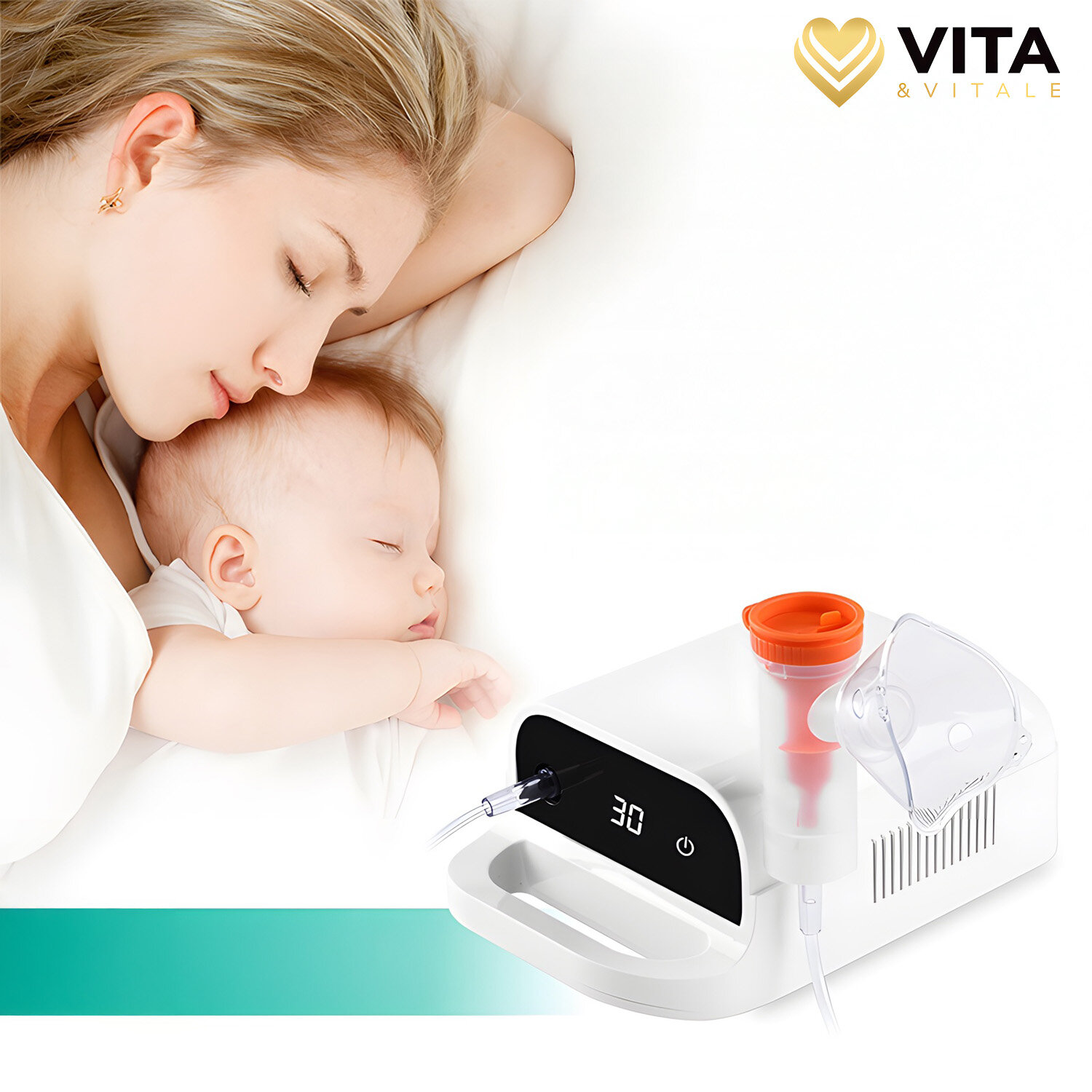 Na obrazie widoczny jest inhalator z wyświetlaczem pokazującym liczbę 30 oraz maską i pojemnikiem na lek. W tle znajduje się logo \'VITA & VITALE\'.