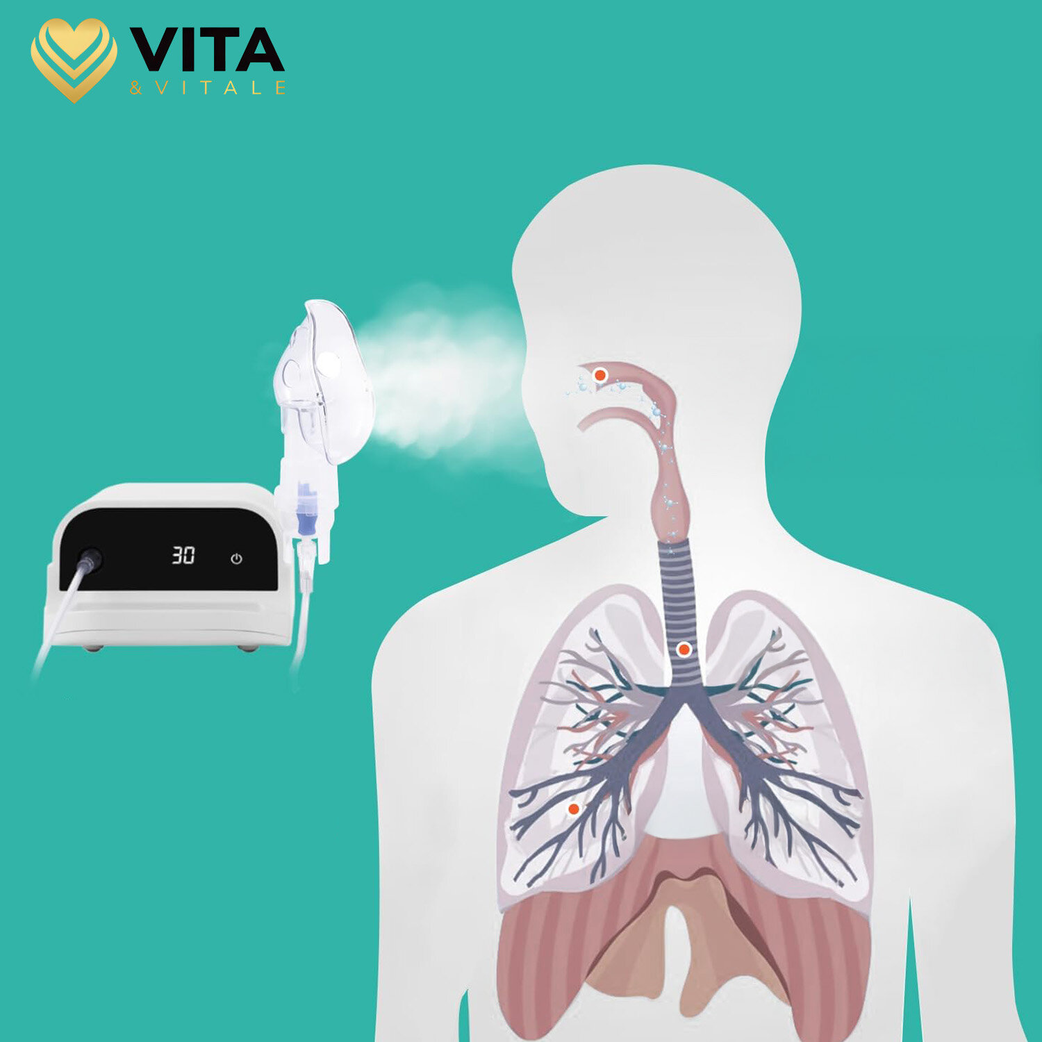 Obraz przedstawia inhalator emitujący mgiełkę w stronę sylwetki człowieka z widocznym układem oddechowym. W lewym górnym rogu znajduje się logo \'VITA & VITALE\'.