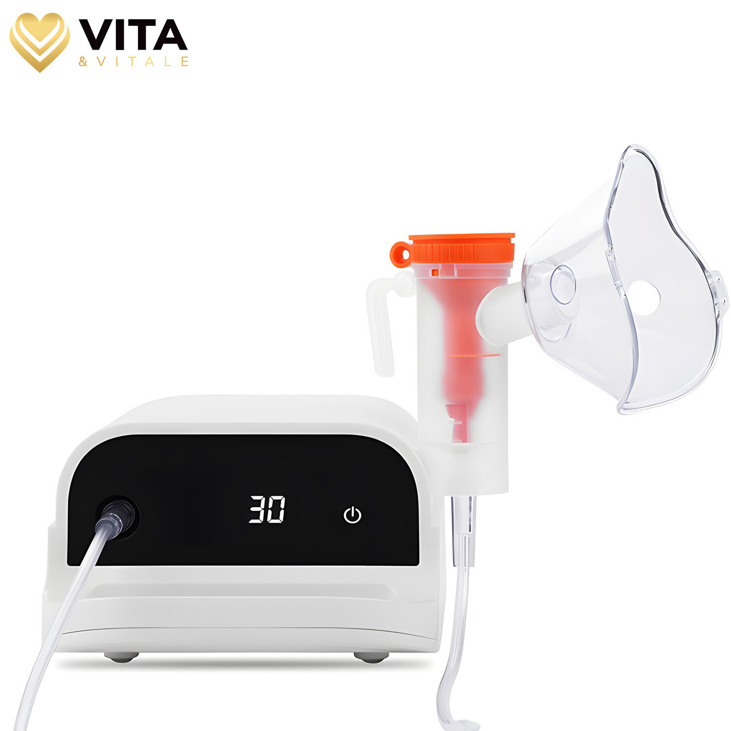 Na obrazie widoczny jest inhalator z wyświetlaczem pokazującym liczbę 30 oraz przyciskiem zasilania. Obok znajduje się przezroczysta maska z pomarańczowym elementem, a w lewym górnym rogu widnieje logo \'VITA & VITALE\'.