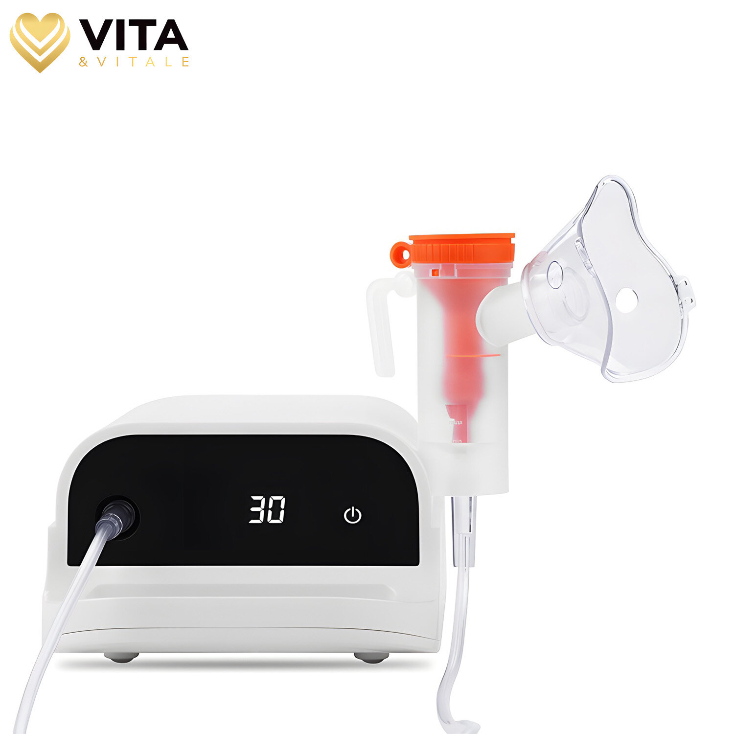 Na obrazie widoczny jest inhalator z wyświetlaczem pokazującym liczbę \'30\' oraz maską do inhalacji. W lewym górnym rogu znajduje się logo \'VITA & VITALE\'.