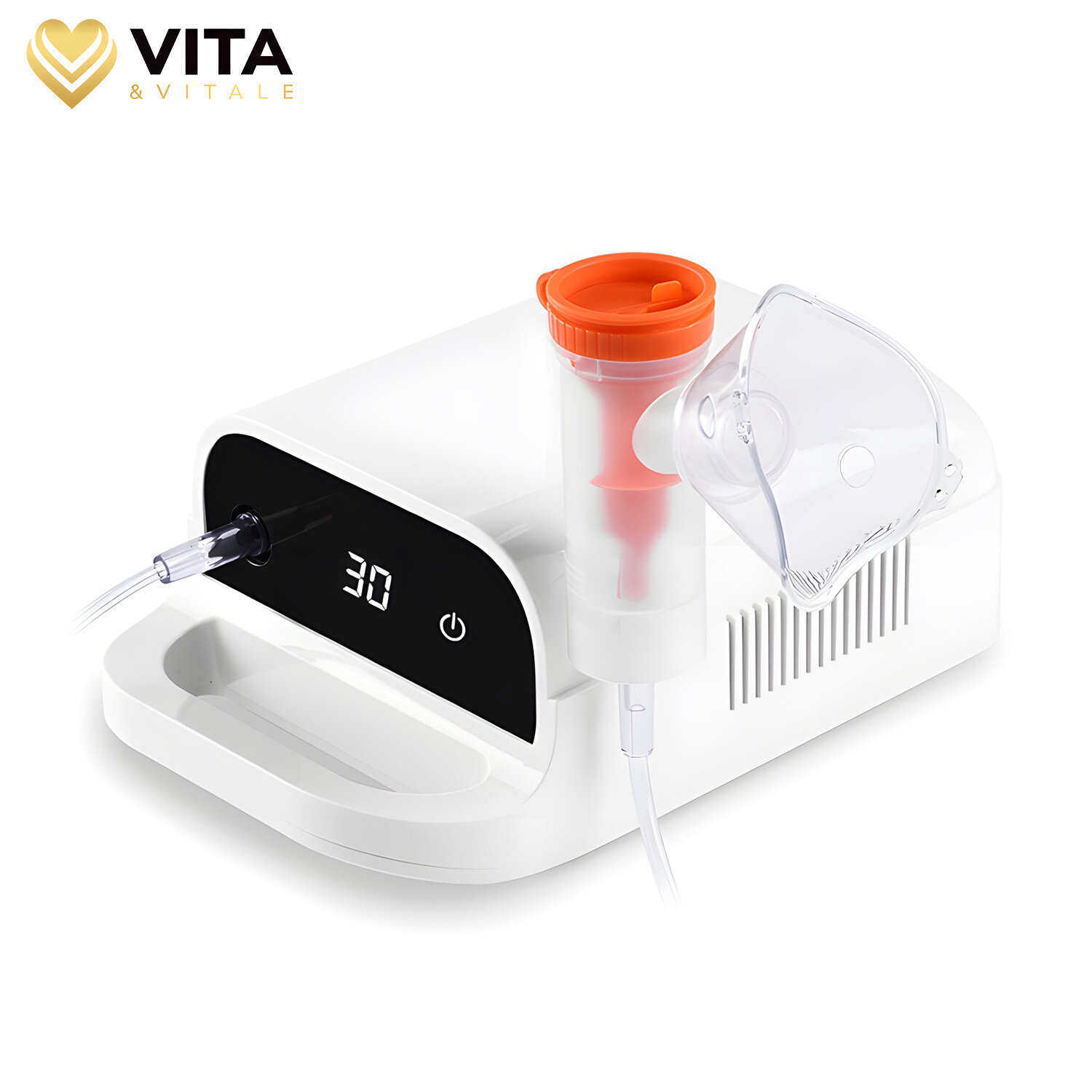 Na obrazie widoczny jest biały inhalator z wyświetlaczem pokazującym liczbę 30 oraz przyciskiem zasilania. Obok znajduje się przezroczysta maska i pojemnik z pomarańczową pokrywką, a w lewym górnym rogu widnieje logo VITA & VITALE.