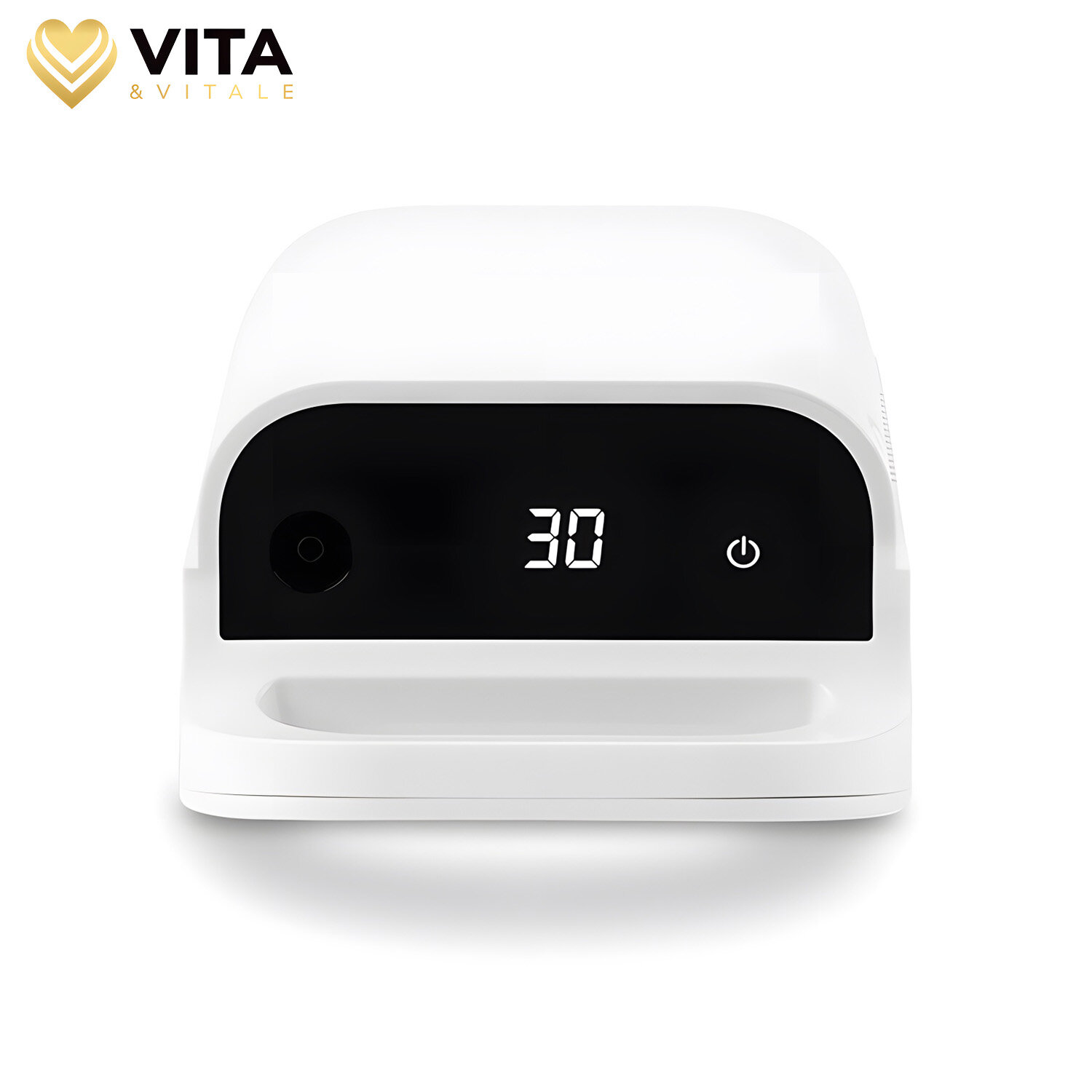 Biały inhalator z czarnym panelem wyświetlającym cyfrę \'30\' oraz przyciskiem zasilania. W lewym górnym rogu widoczne jest logo \'VITA & VITALE\'.