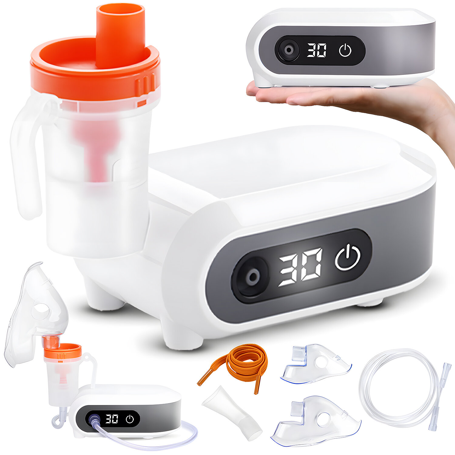 Na obrazie widoczny jest inhalator z wyświetlaczem pokazującym liczbę \'30\' oraz przyciskiem zasilania. Obok znajdują się akcesoria, takie jak maski, rurki i pojemnik z pomarańczowym elementem.