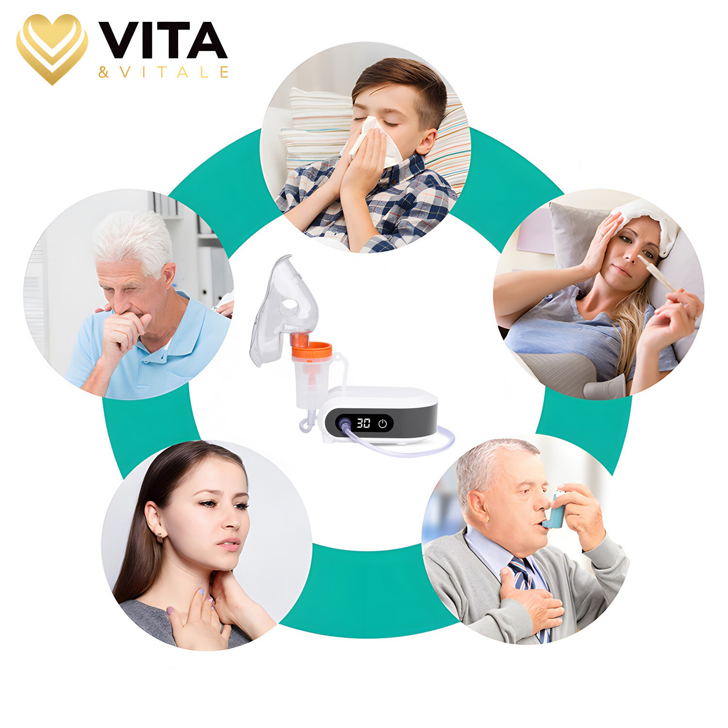 Obraz przedstawia inhalator z maską i wyświetlaczem cyfrowym, otoczony zdjęciami osób używających inhalatora lub mających objawy chorobowe. W lewym górnym rogu widoczne jest logo \'VITA & VITALE\'.